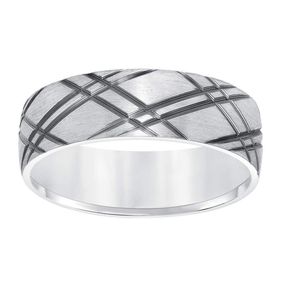 14k White Gold Brushed Finish Mens Wedding Band with Polished Criss Cross Grooves - 6.5mm - Larson Jewelers