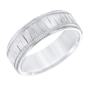 14k White Gold Men’s Milgrain Wedding Band with Polished Horizontal Grooves - 7mm - Larson Jewelers