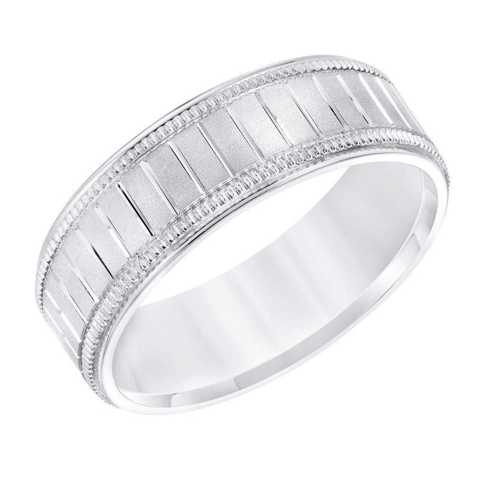 14k White Gold Men’s Milgrain Wedding Band with Polished Horizontal Grooves - 7mm - Larson Jewelers