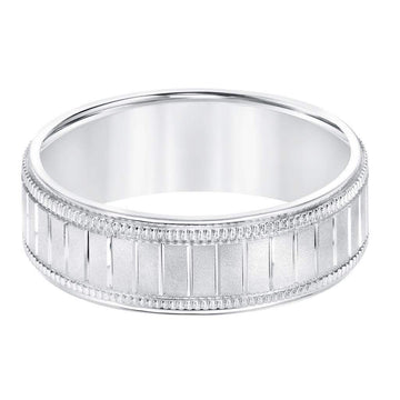 14k White Gold Men’s Milgrain Wedding Band with Polished Horizontal Grooves - 7mm - Larson Jewelers