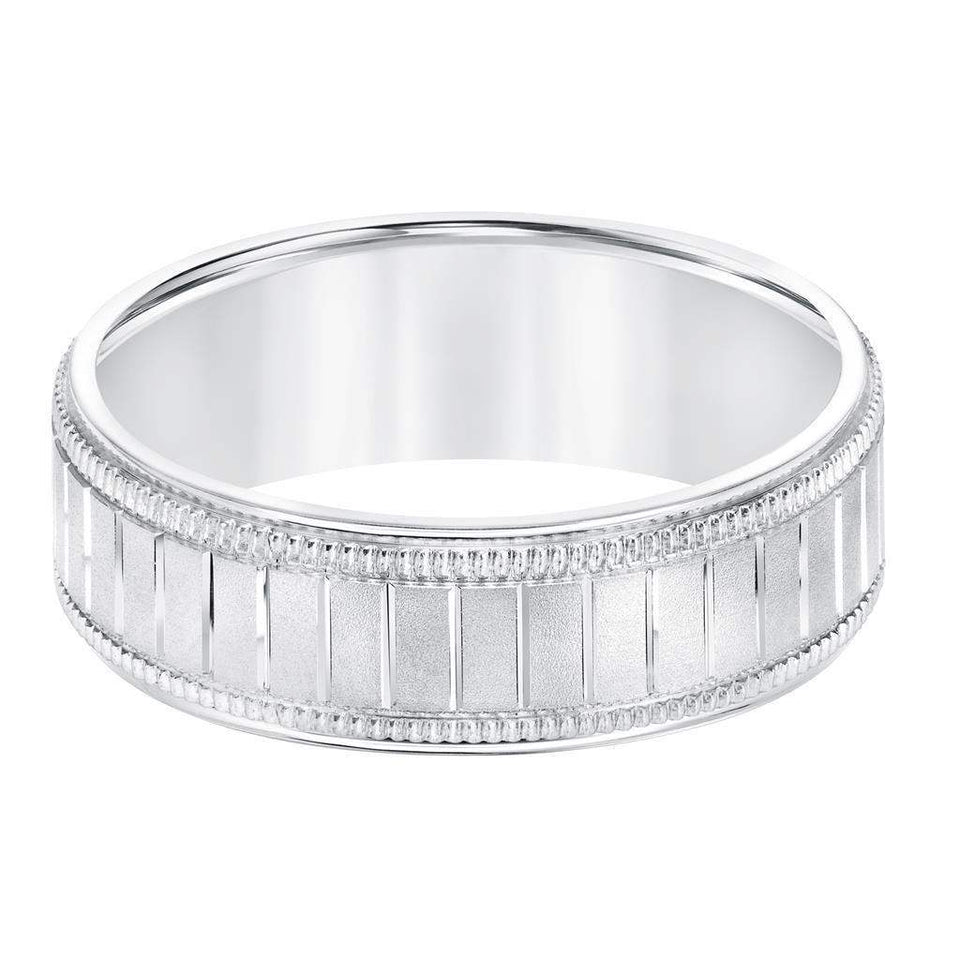 14k White Gold Men’s Milgrain Wedding Band with Polished Horizontal Grooves - 7mm - Larson Jewelers