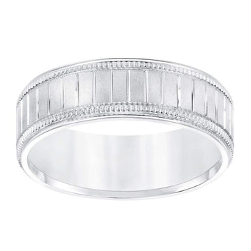 14k White Gold Men’s Milgrain Wedding Band with Polished Horizontal Grooves - 7mm - Larson Jewelers