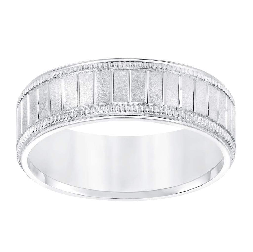 14k White Gold Men’s Milgrain Wedding Band with Polished Horizontal Grooves - 7mm - Larson Jewelers