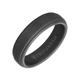 Angled view of a 6mm dark gray step-edge band with a sandblasted matte finish and black interior, engraved TRITON RAW inside