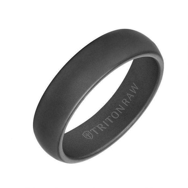 Angled view of a matte black 6mm low-dome ring with rounded edges and inner engraving that reads 'TRITON RAW'