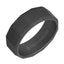 Angled view of an 8mm black faceted bevel-edge ring with sandblasted exterior and black interior engraved 'TRITON RAW'.