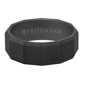 Flat front view of the 8mm black faceted bevel-edge ring showing sandblasted finish and 'TRITON RAW' engraving inside.