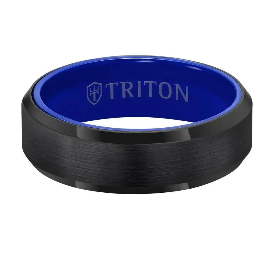 Black brushed ceramic beveled-edge ring with vivid blue inner band and Triton logo, front view