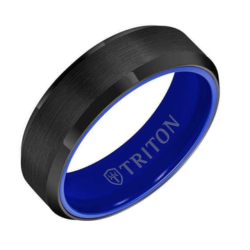 Black brushed ceramic men’s ring with beveled polished edges and cobalt blue interior, Triton logo inside, angled view