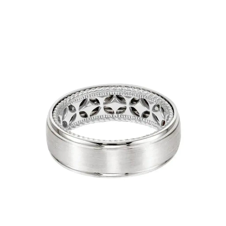 14k White Gold Wedding Band Diamond Pattern Rope Edge Inner Design Domed Brushed Finish Round Edges By Artcarved - 7mm - Larson Jewelers