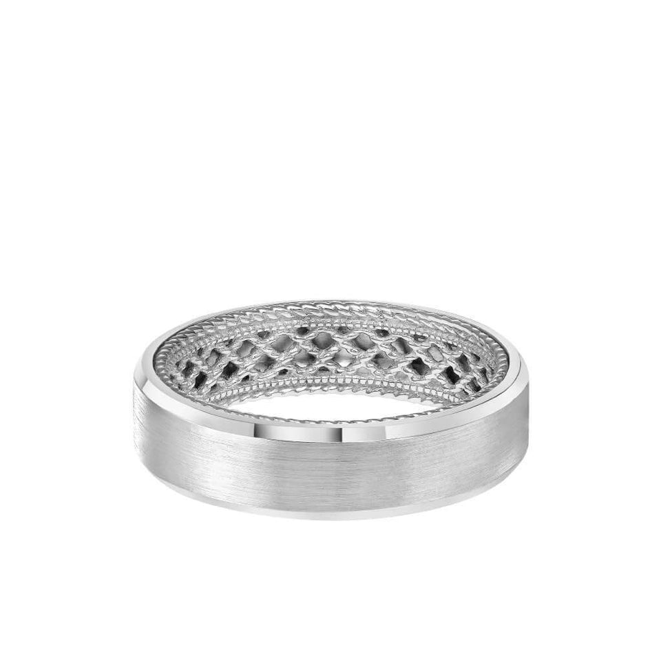 14k White Gold Wedding Band Rope Net Inner Design Flat Satin Finish Beveled Edges by Artcarved - 6 mm - Larson Jewelers