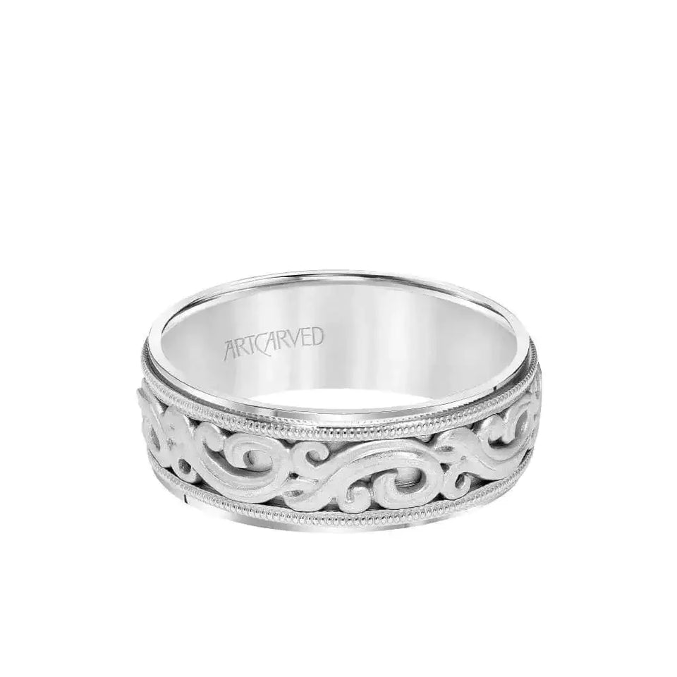 SOVEREIGN 14k White Gold Wedding Band Engraved Scroll Design Brushed Finish with Milgrain Flat Edges by Artcarved - 7.5 mm - Larson Jewelers