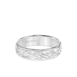 INCARNATION 14k White Gold Wedding Band Criss Cross Center Design Brushed Finish with Stepped Edges by Artcarved - 6 mm - Larson Jewelers