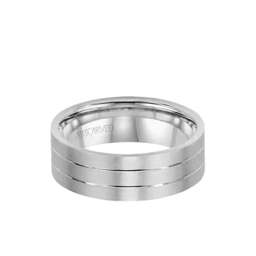 LOVE LIGHT 14k White Gold Wedding Band Dual Linear Grooved Center Brushed Finish Flat Edges by Artcarved - 7 mm - Larson Jewelers