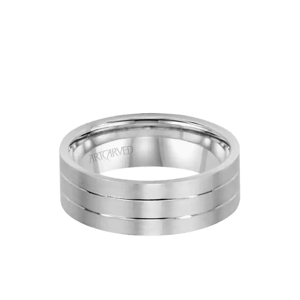 LOVE LIGHT 14k White Gold Wedding Band Dual Linear Grooved Center Brushed Finish Flat Edges by Artcarved - 7 mm - Larson Jewelers