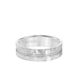 ENTRUST 14k White Gold Wedding Band Flat Hammered Finish Grooved Center Design by Artcarved - 6 mm - Larson Jewelers
