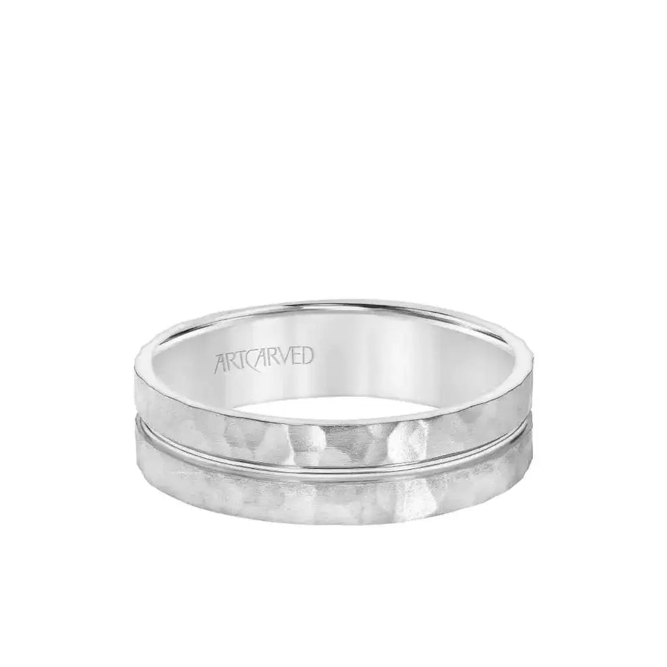 ENTRUST 14k White Gold Wedding Band Flat Hammered Finish Grooved Center Design by Artcarved - 6 mm - Larson Jewelers