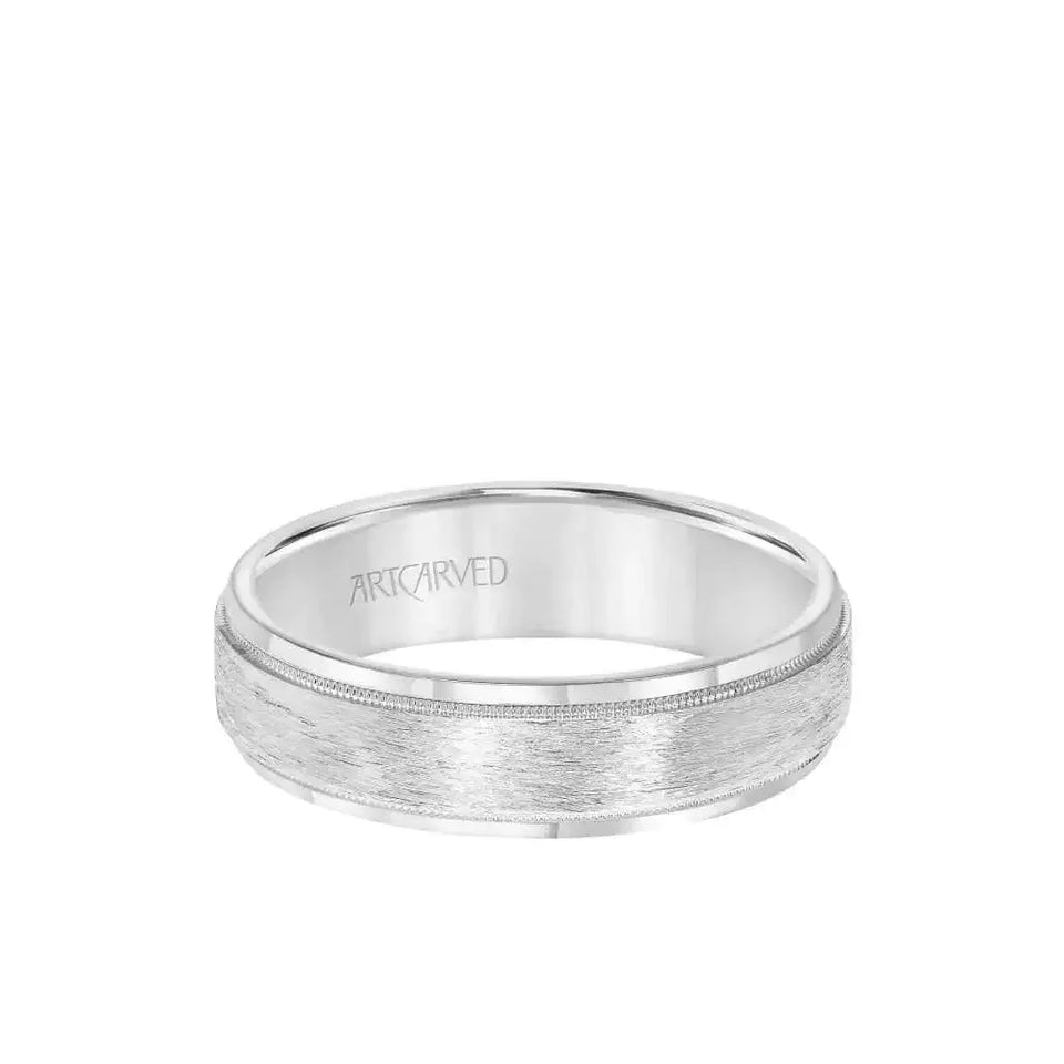 ArtCarved COURTLAND white gold band with crystalline center and milgrain rolled edges, front view