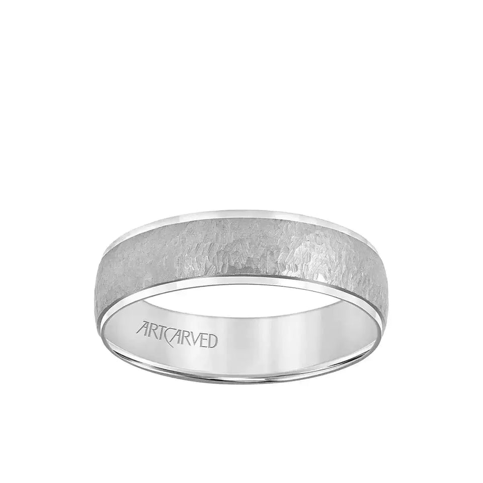 SAWYER 14k White Gold Wedding Band Crystalline Raised Center Finish with Stepped Polished Edges - 6 mm - Larson Jewelers