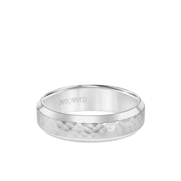 14k White Gold Wedding Band Hammered Brushed Center Finish Domed Polished Edges - 6 mm - Larson Jewelers