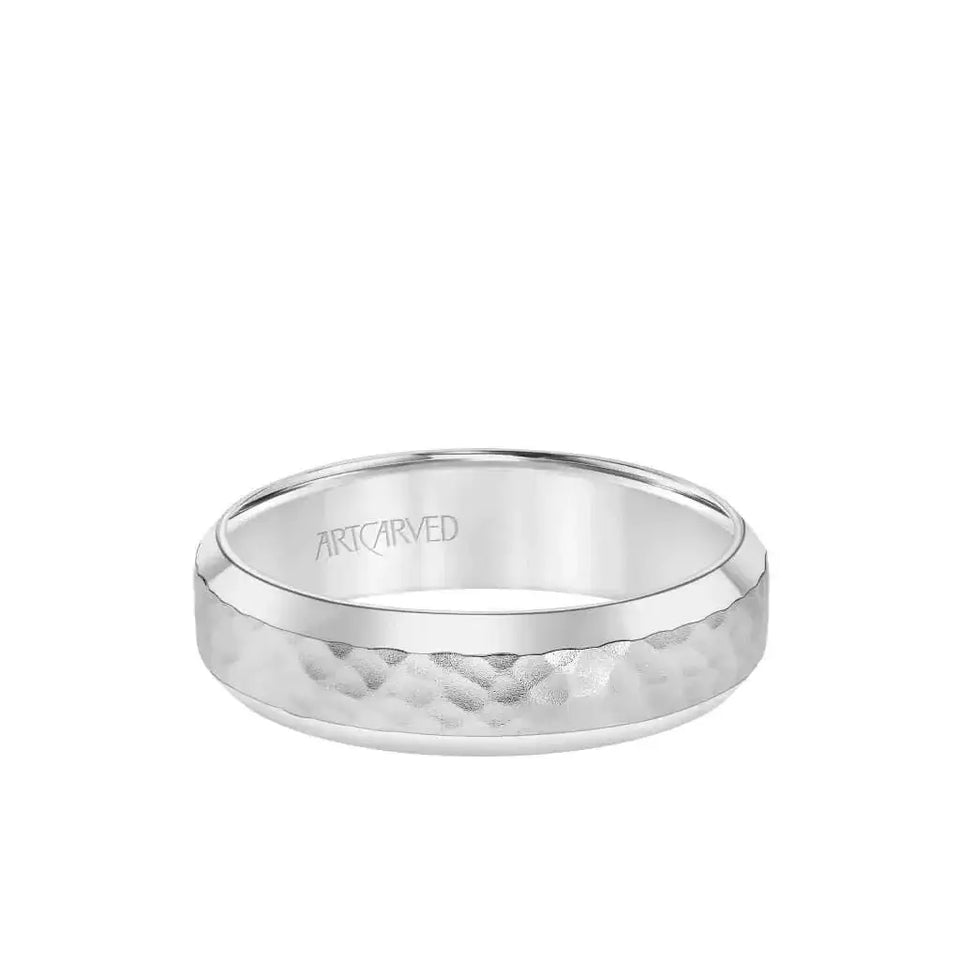 14k White Gold Wedding Band Hammered Brushed Center Finish Domed Polished Edges - 6 mm - Larson Jewelers