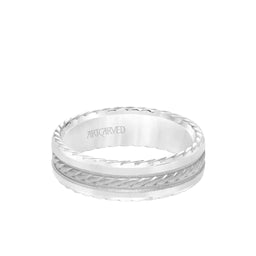 14k White Gold Wedding Band Flat Milgrain Center Design Sandblasted Finish with Rope Beveled Edges- 6.5 mm - Larson Jewelers
