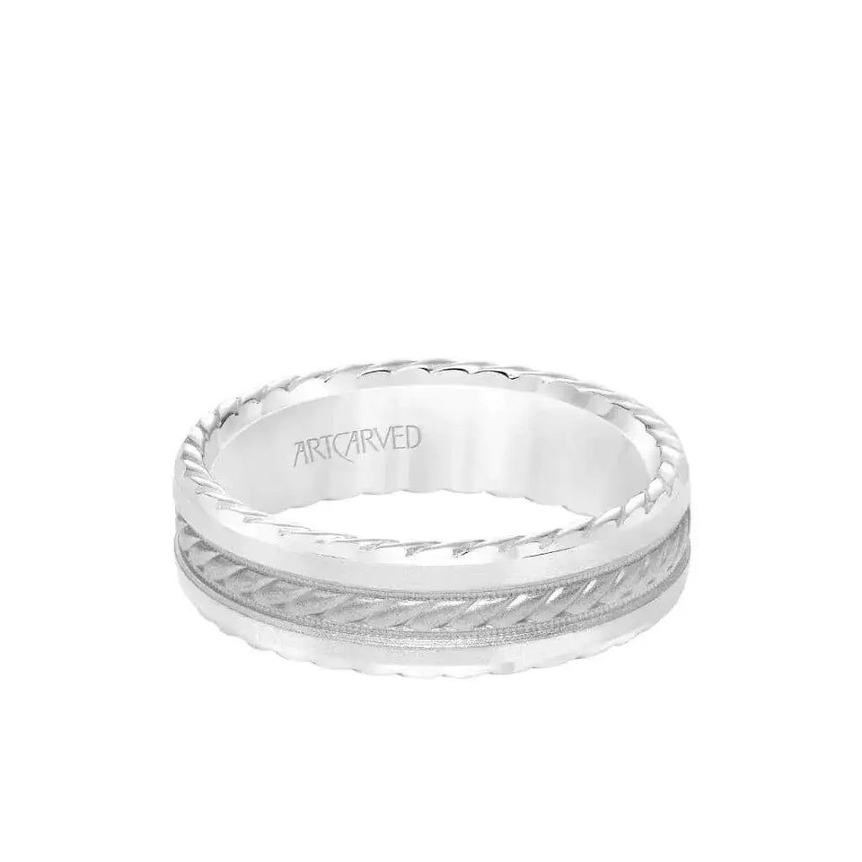 14k White Gold Wedding Band Flat Milgrain Center Design Sandblasted Finish with Rope Beveled Edges- 6.5 mm - Larson Jewelers