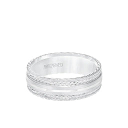 14k White Gold Wedding Band Flat Satin Raised Center Design with Milgrain Rope Edges- 7 mm - Larson Jewelers