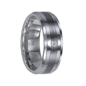 QUINLAN Beveled Tungsten Carbide Wedding Band with Center Satin Stripe and Single Diamond Setting by Triton Rings - 8 mm - Larson Jewelers