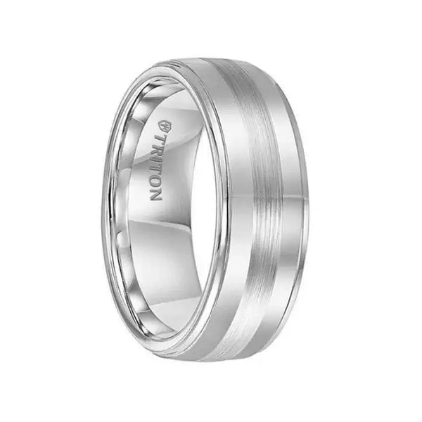ZACHARY Satin Finish Raised Center Cobalt Comfort Fit Wedding Band with Polished Step Edges and Contrasting Center Brush Finish by Triton Rings - 8 mm - Larson Jewelers