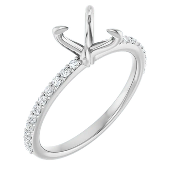 White gold engagement ring setting with anchor-style head and diamond-lined band for round stones.