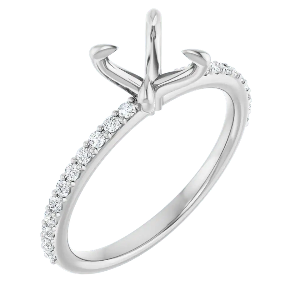 White gold engagement ring setting with anchor-style head and diamond-lined band for round stones.
