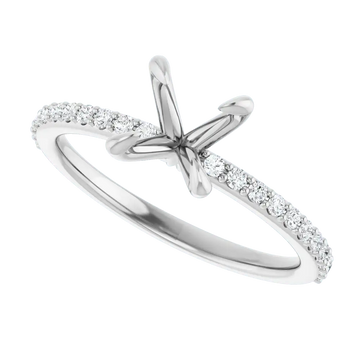 White gold engagement ring setting with cross-shaped center and diamond-accented band on curved shank.