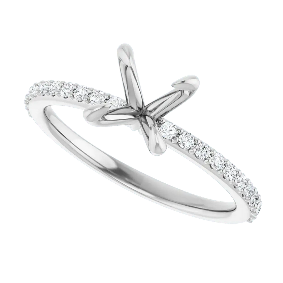 White gold engagement ring setting with cross-shaped center and diamond-accented band on curved shank.