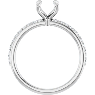 Silver engagement ring setting with curved prongs and diamond-accented band for round center stone.