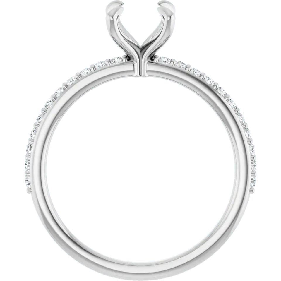 Silver engagement ring setting with curved prongs and diamond-accented band for round center stone.