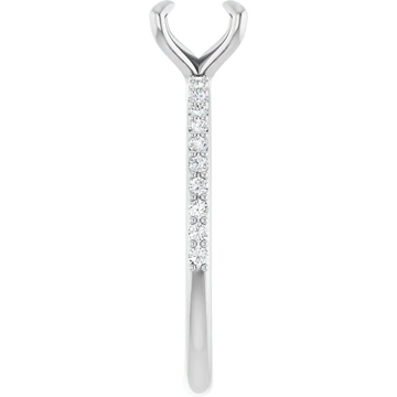 White gold engagement ring setting with V-shaped top, diamond-studded shaft, and open prong cup for round stone.