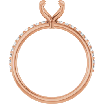 Rose gold engagement ring setting with split prongs, diamond accents along the band, and empty center stone seat.