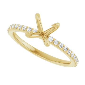 Yellow gold cross-shaped engagement ring setting with diamond accents along the band, designed for round center stones.