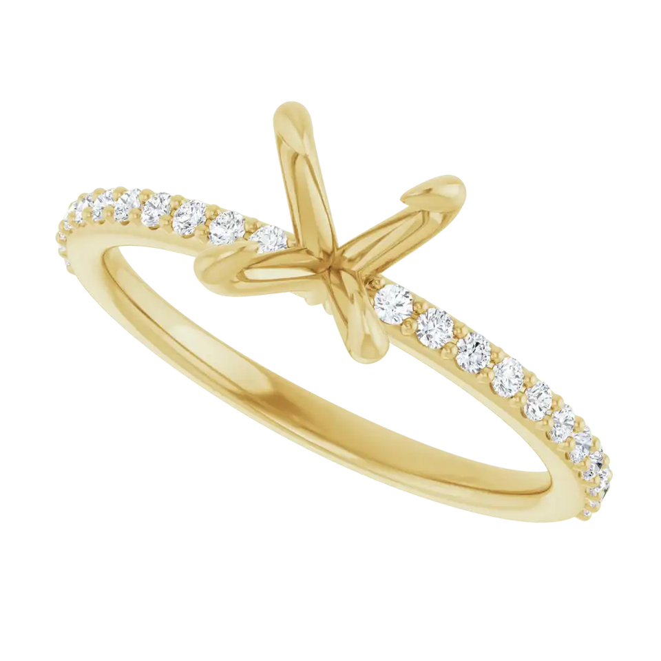 Yellow gold cross-shaped engagement ring setting with diamond accents along the band, designed for round center stones.