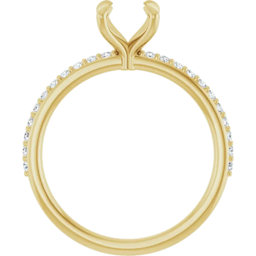 Yellow gold engagement ring setting with V-shaped prongs and diamond accent stones along the band.
