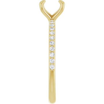 Yellow gold engagement ring setting with V-shaped top and round diamonds set along the shaft.