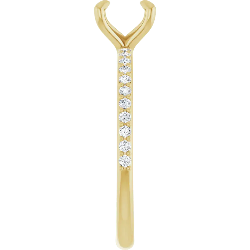 Yellow gold engagement ring setting with V-shaped top and round diamonds set along the shaft.