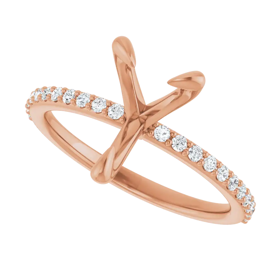 Rose gold engagement ring setting with crossed band design and round diamond accents along the sides.