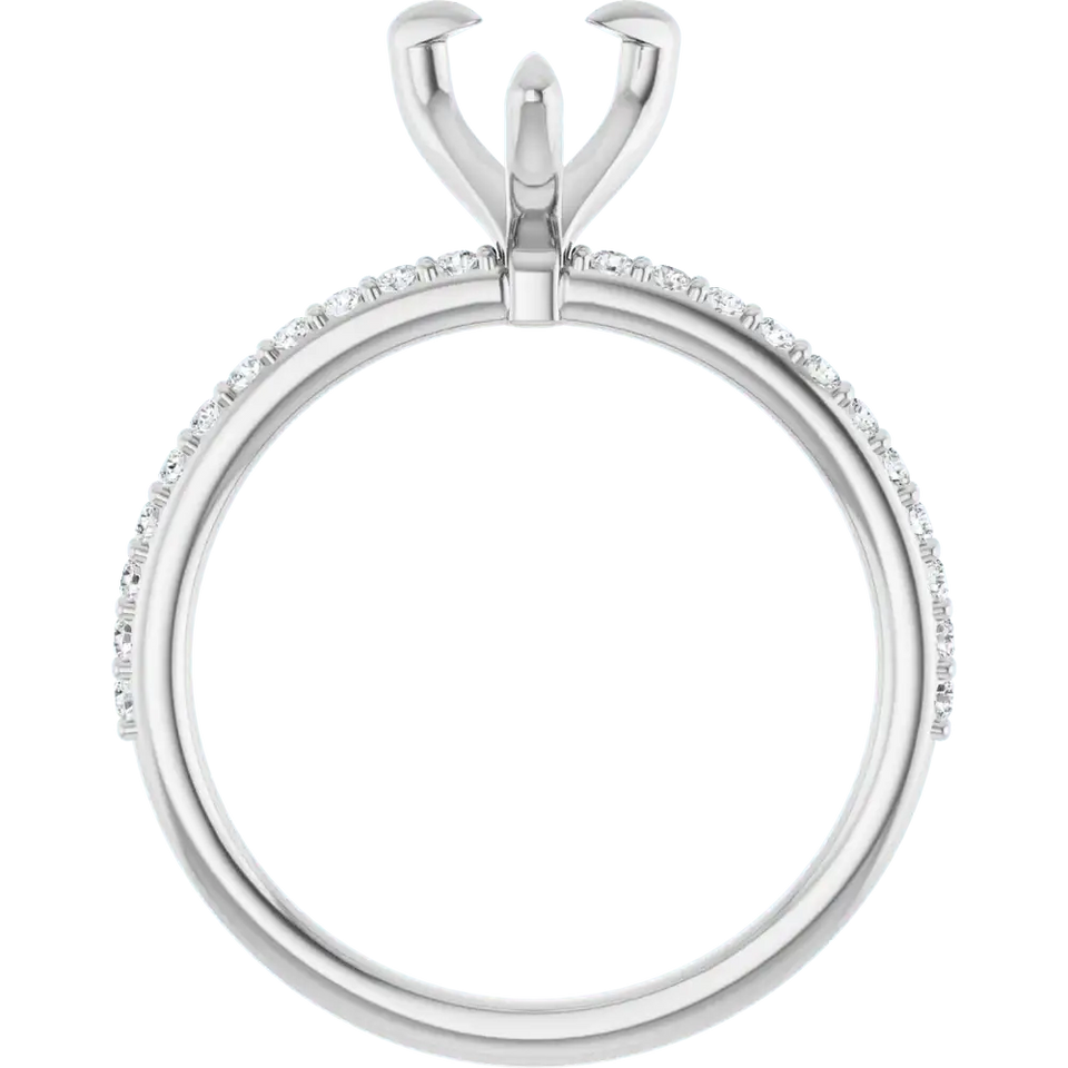 White gold ring setting with pear-shaped stone holder and diamond accents along the band.