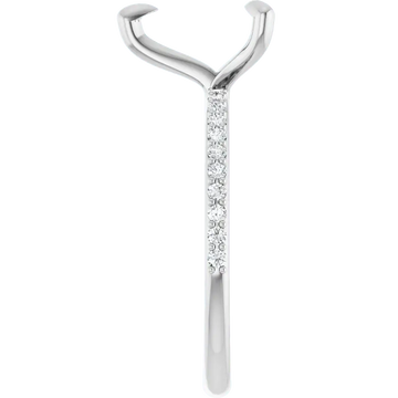 White metal engagement ring setting with curved prongs at top, diamond-set band, and tapered shank for pear-shaped stones.
