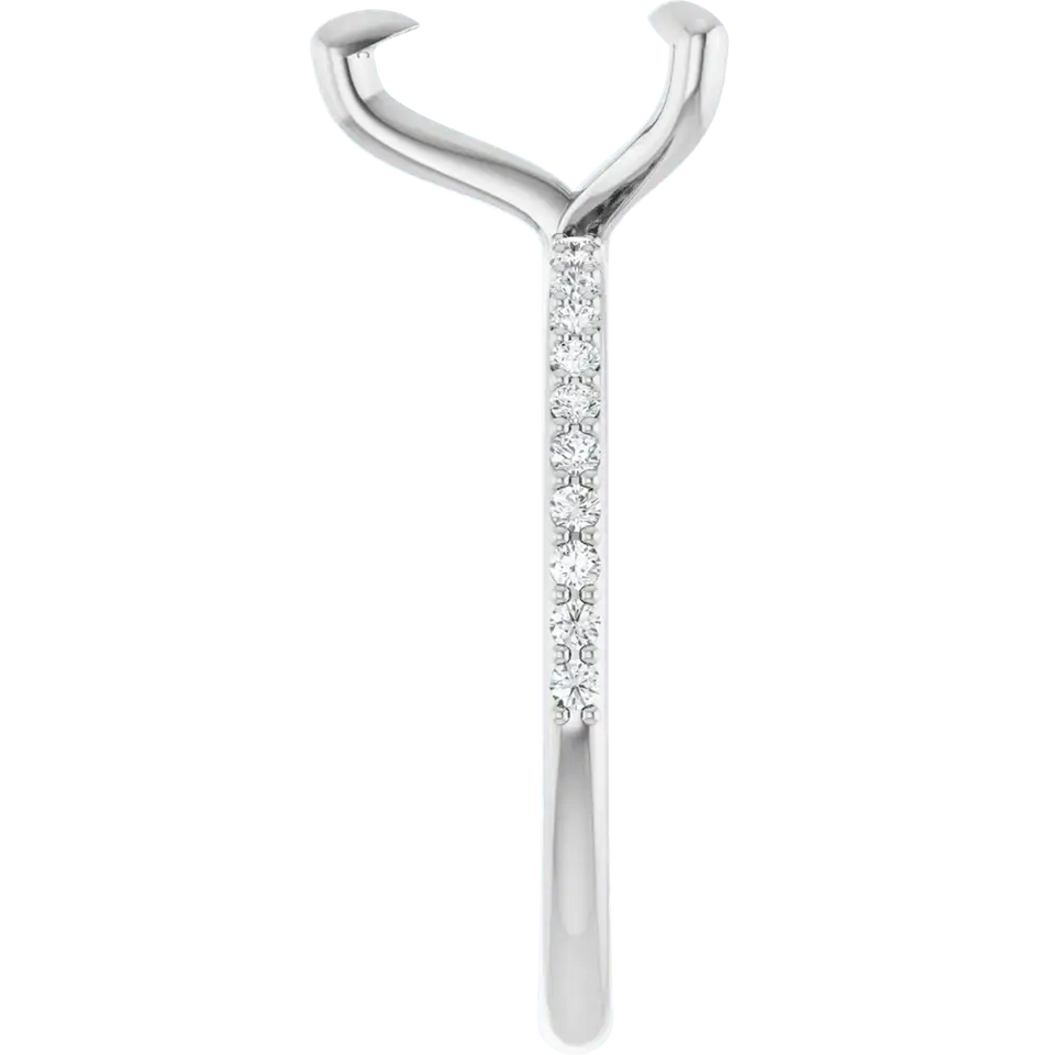 White metal engagement ring setting with curved prongs at top, diamond-set band, and tapered shank for pear-shaped stones.