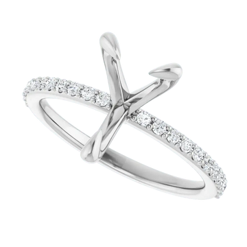 White gold engagement ring setting with twisted band and diamond accents along two sides, designed for pear-shaped stones.