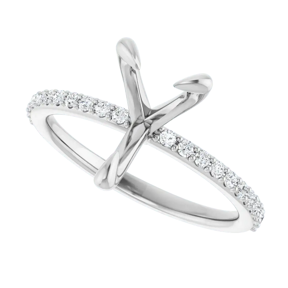 White gold engagement ring setting with twisted band and diamond accents along two sides, designed for pear-shaped stones.