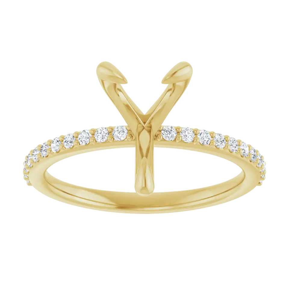 Yellow gold engagement ring setting with V-shaped prongs and diamond accents along the band.